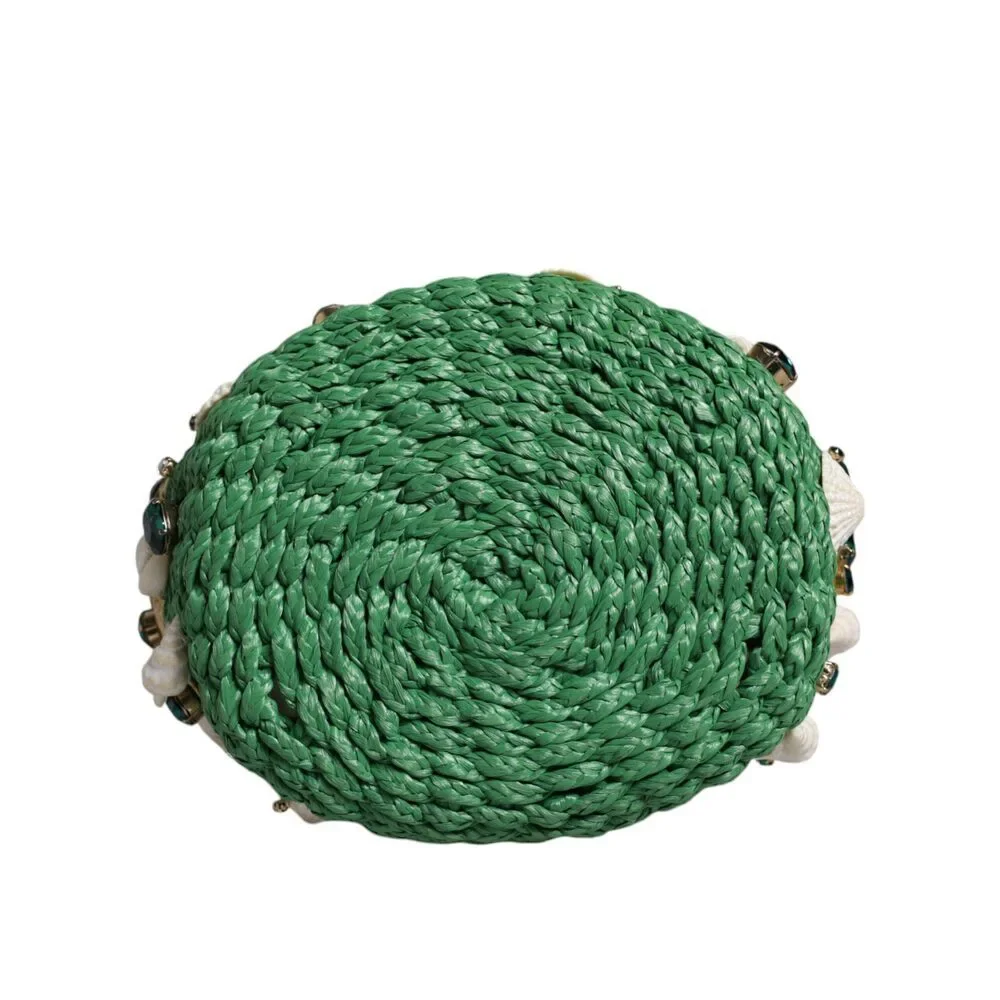 Dolce & Gabbana Beige Green Rafia Seashells Crystal Bucket Bag - Picture 7 of 8